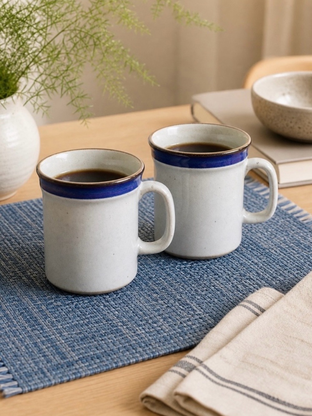Vintage Knabstrup Denmark Stoneware Mugs Set 2 Blue Rim Danish Modern